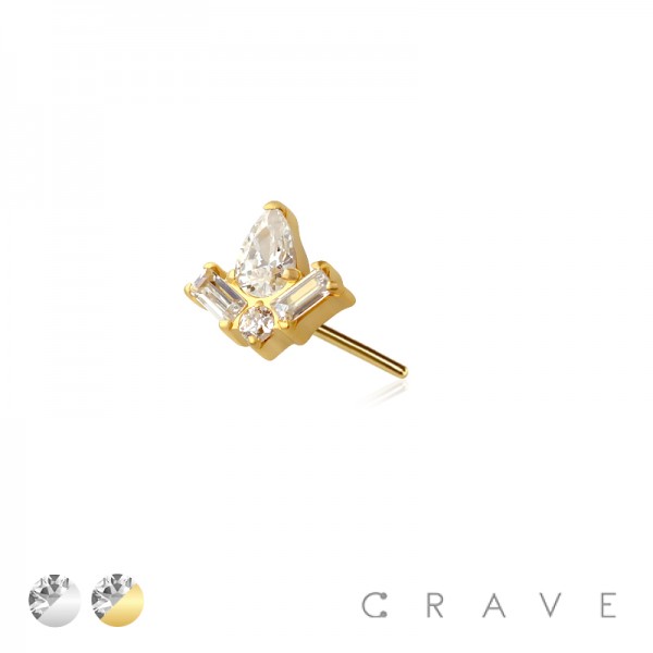316L SURGICAL STEEL THREADLESS PUSH IN BAGUETTE TEAR DROP BEZEL CZ TOP PART